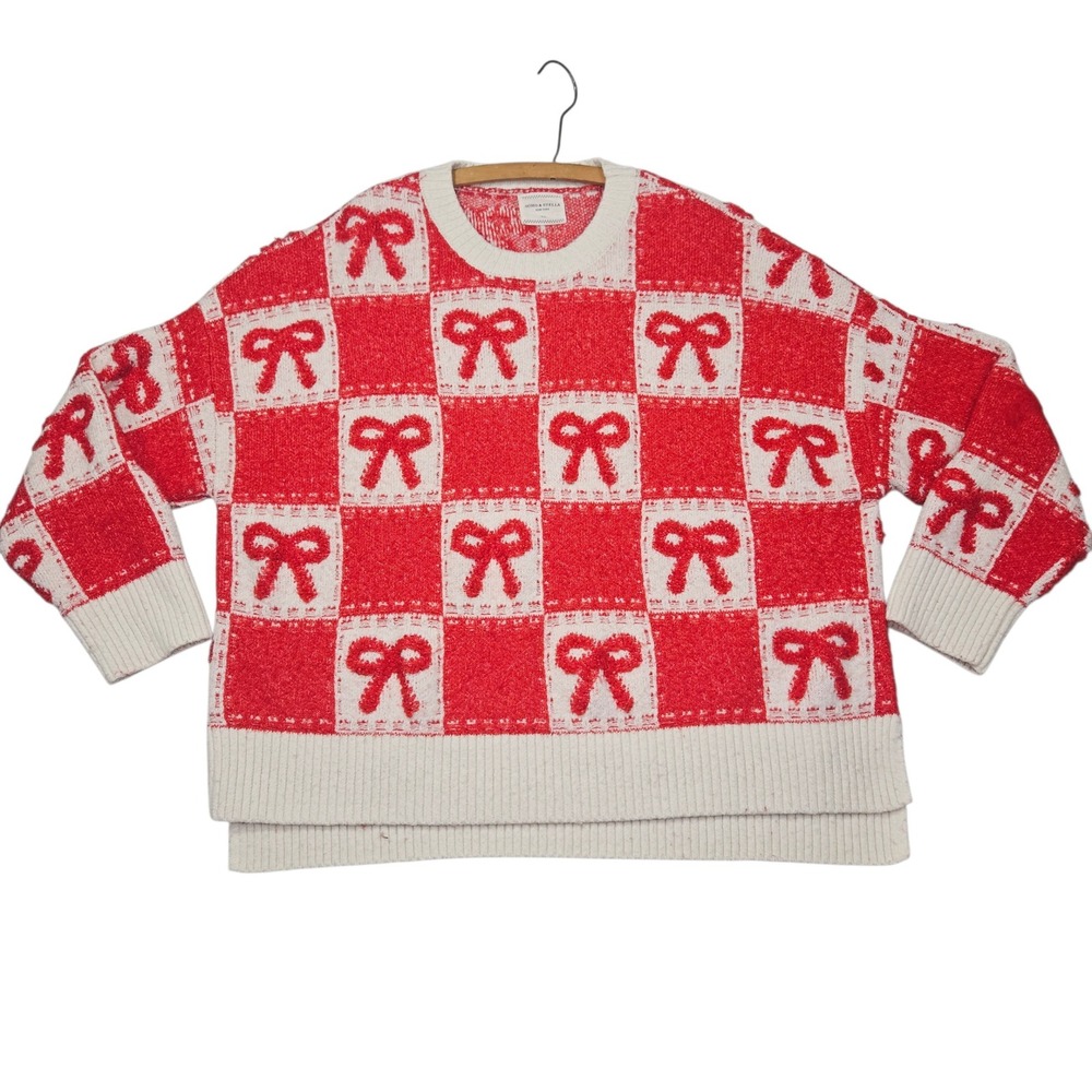 Soho & Stella New York Bow Checkered Oversized Crewneck Sweater Red Sz XL